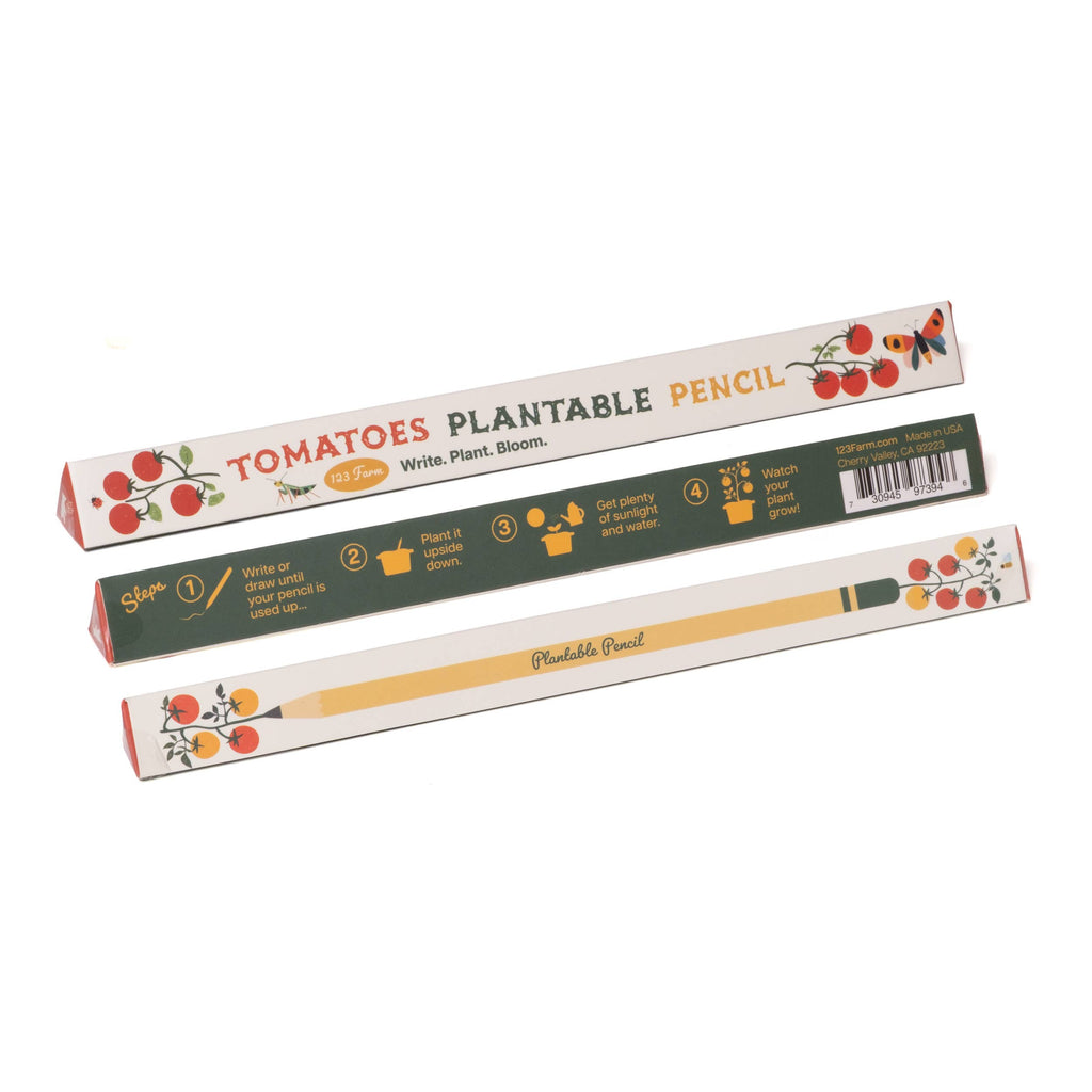 Three images show the Tomatoes Plantable Pencil – Eco-Friendly and its packaging with tomato graphics and planting instructions. This yellow pencil with a green tip lets you write, plant, and grow cherry tomatoes—an ideal sustainable gift.