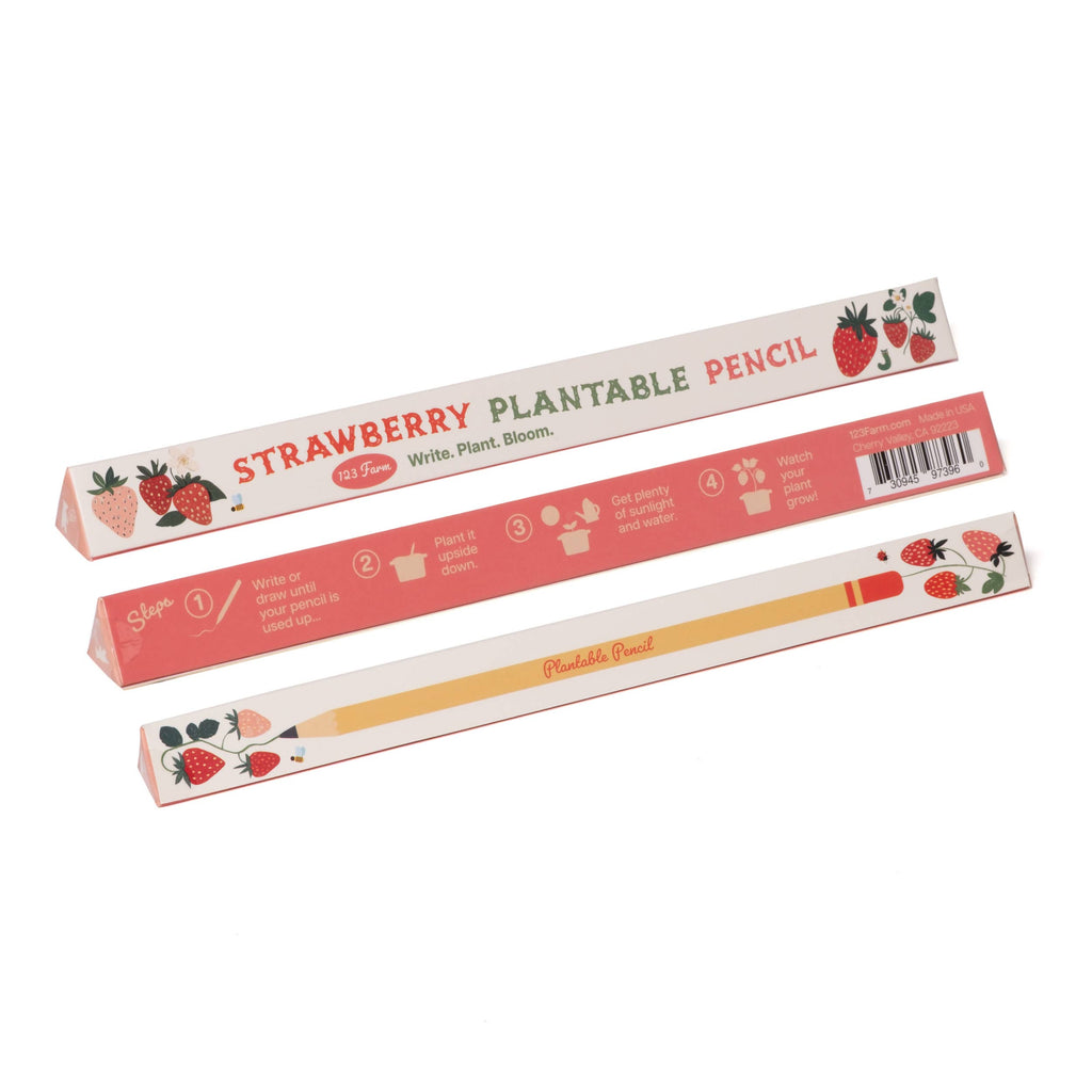Three views of the Strawberry Plantable Pencil – Eco-Friendly box, made with sustainable materials. Illustrated instructions show how to plant the pencil after use. Decorative strawberry-themed packaging makes it ideal for green gifting.