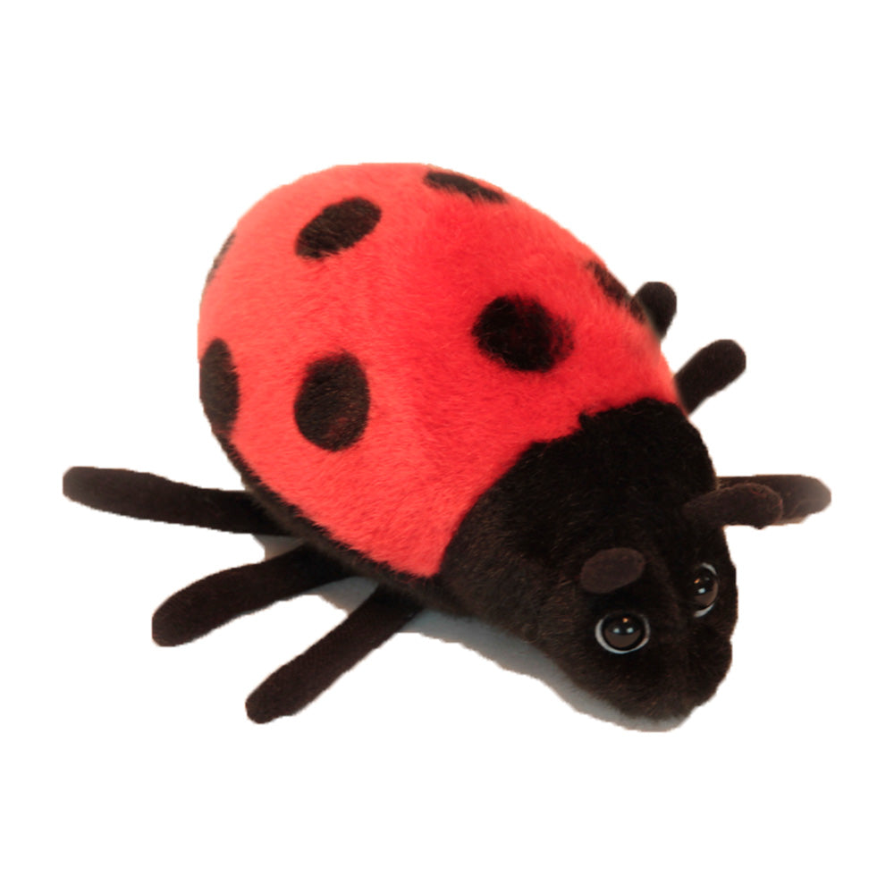The Lady Bug Stuffed Animal is a hand-sewn plush toy with a red body, black spots and legs, and large shiny eyes, displayed on a white background.