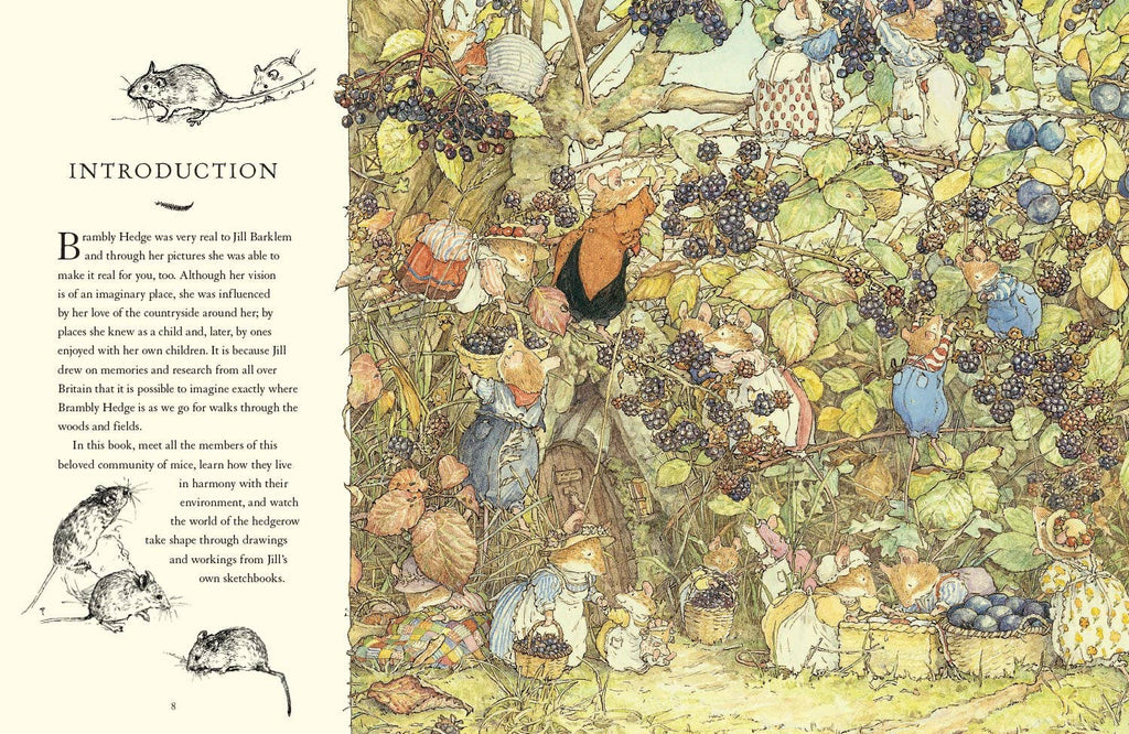 A Visit to Brambly Hedge by Jill Barklem features illustrated mice in clothes, gathering berries amid lush brambles. The scene recalls classic hedgerow tales, with introductory text and small mouse sketches accompanying the image.