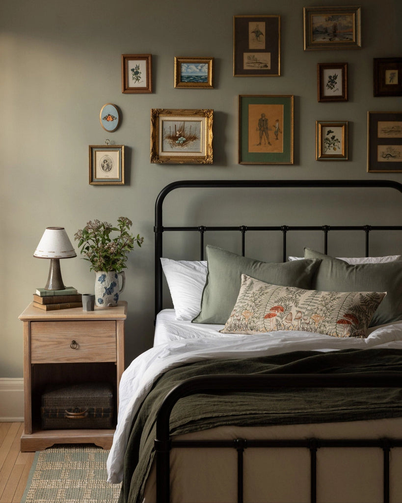 Cozy bedroom with a metal bedframe, green and white bedding, a Coral & Tusk Mushrooms and Ferns Lumbar Pillow, a wooden nightstand with books, lamp, and flowers. Framed art forms a gallery wall above the bed.