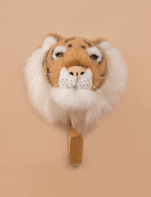 The Coat Hanger - Tiger features a plush tiger head with soft fur and whiskers, mounted on a light wooden plaque, making a fun and playful addition to your space.
