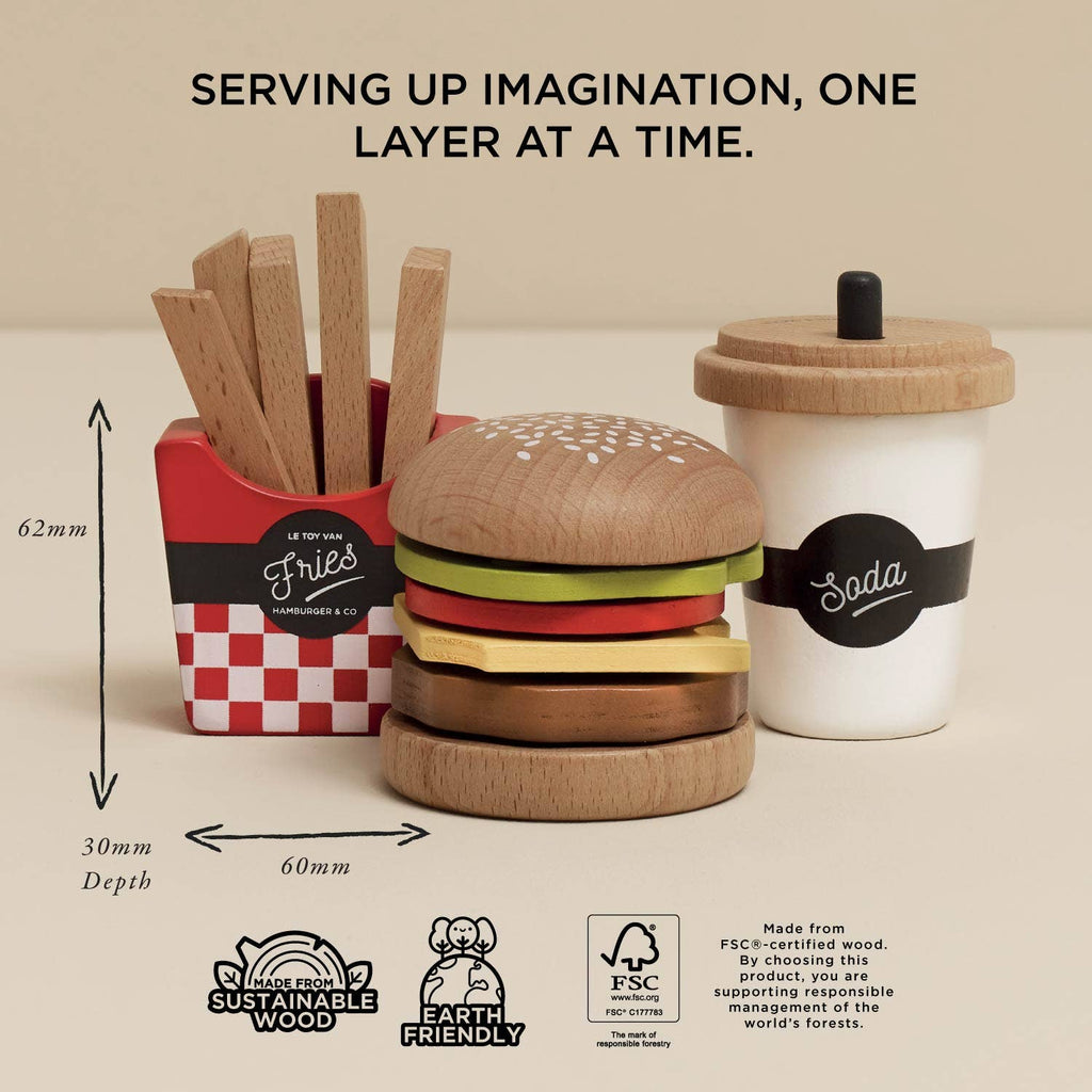 The Gourmet Hamburger Set (ships in one week) includes a layered burger, fries in a red box, and a drink cup with straw—all made from sustainable wood. Black text appears above; eco-friendly icons and measurements are shown below.