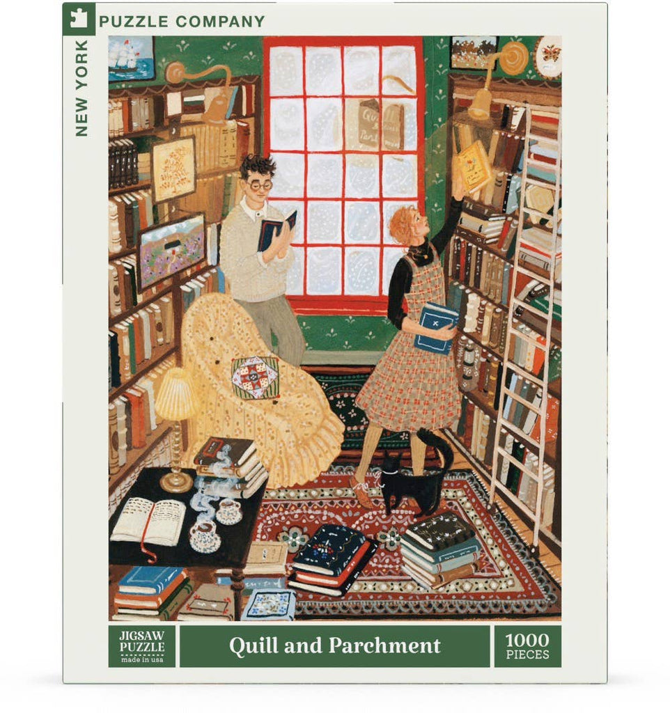 Illustration of two people reading in a cozy, book-filled room with a red carpet and yellow couch; Quill and Parchment - 1000 Piece Jigsaw Puzzle features this inviting bookstore scene.