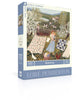 Buttercup - 500 Piece Jigsaw Puzzle features a linen-finish illustration of a woman in a garden with quilts, chickens, cows, and farmhouse. Made in the USA.