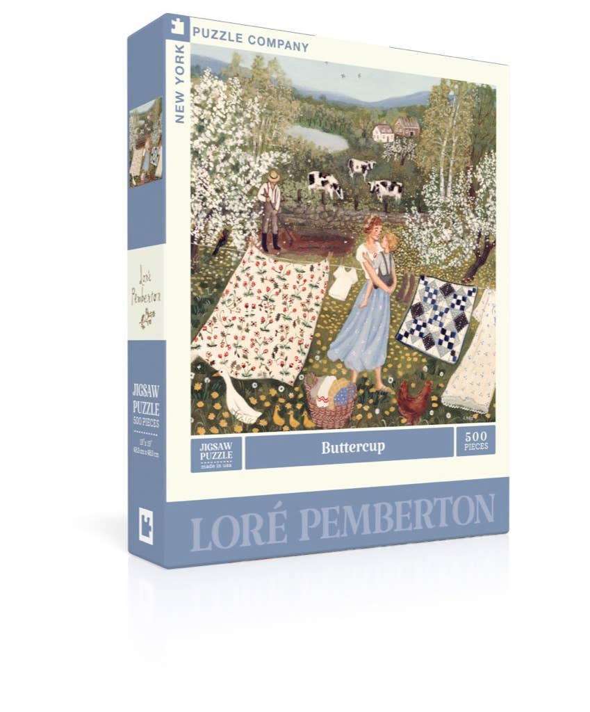 Buttercup - 500 Piece Jigsaw Puzzle features a linen-finish illustration of a woman in a garden with quilts, chickens, cows, and farmhouse. Made in the USA.
