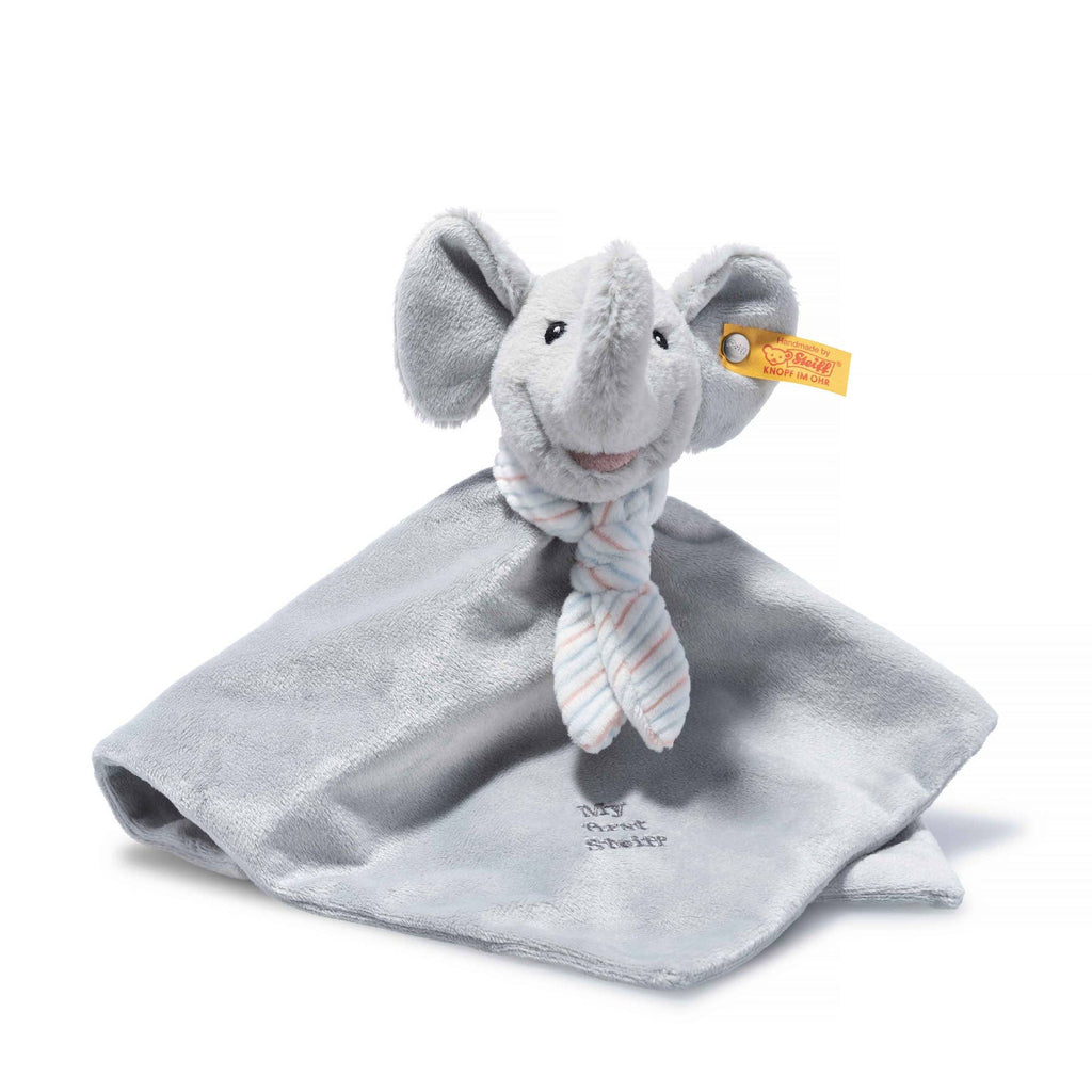 The “My First Steiff” Ellie Elephant Security Blanket Baby Toy, 10 Inches, is a soft gray comforter with a plush elephant head, striped scarf, embroidered text, and yellow tag on one ear—all set against a white background.