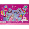 Klee Naturals Deluxe Makeup Kit - Regal Queen Fairy in a pink box featuring an illustration of a fairy and a unicorn, containing body lotion, nail polish, lip shimmer, eye shadows, and an applicator brush.