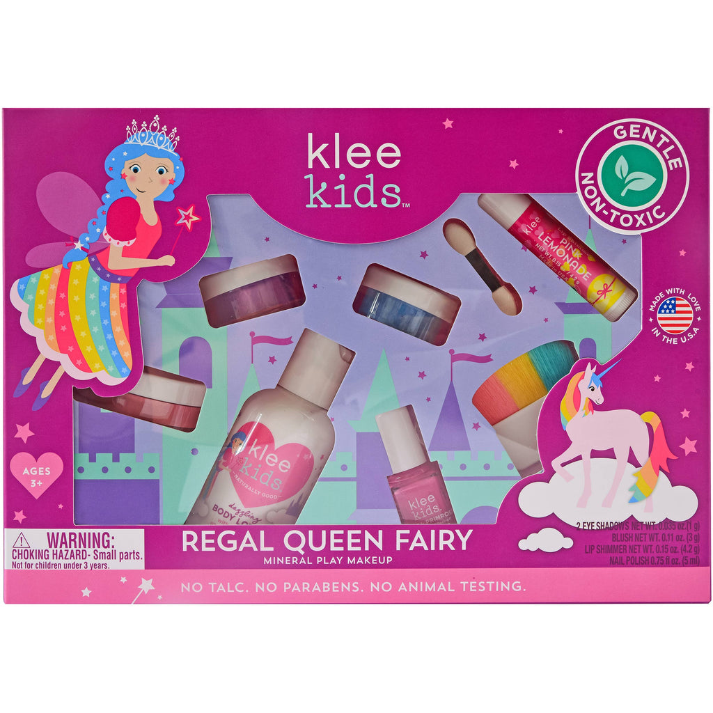 Klee Naturals Deluxe Makeup Kit - Regal Queen Fairy in a pink box featuring an illustration of a fairy and a unicorn, containing body lotion, nail polish, lip shimmer, eye shadows, and an applicator brush.