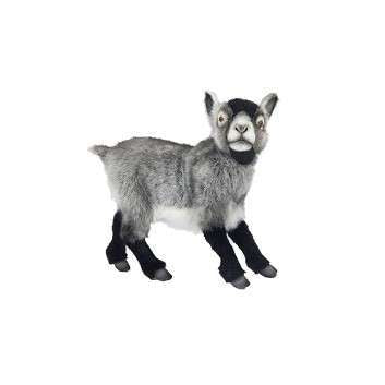 The Grey Goat Stuffed Animal is a hand-sewn plush toy with gray and white fur, black legs and ears, and a short tail, standing on all fours against a white background.
