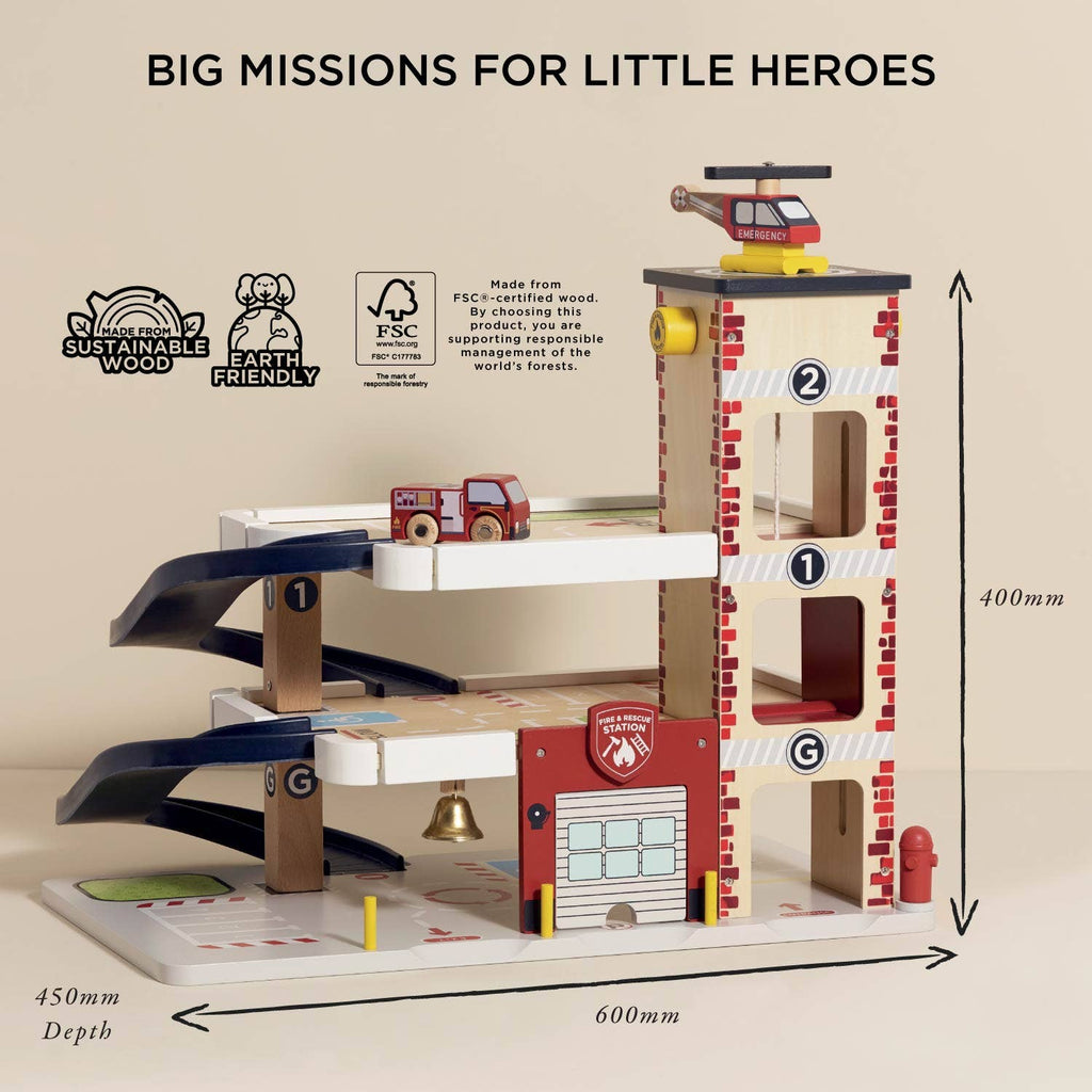 The Fire & Rescue Garage playset features three levels, ramps, a fire engine toy, helicopter, elevator, brick-patterned tower, garage door, and rescue bell. Sustainable design and size info included—big missions for little heroes!.