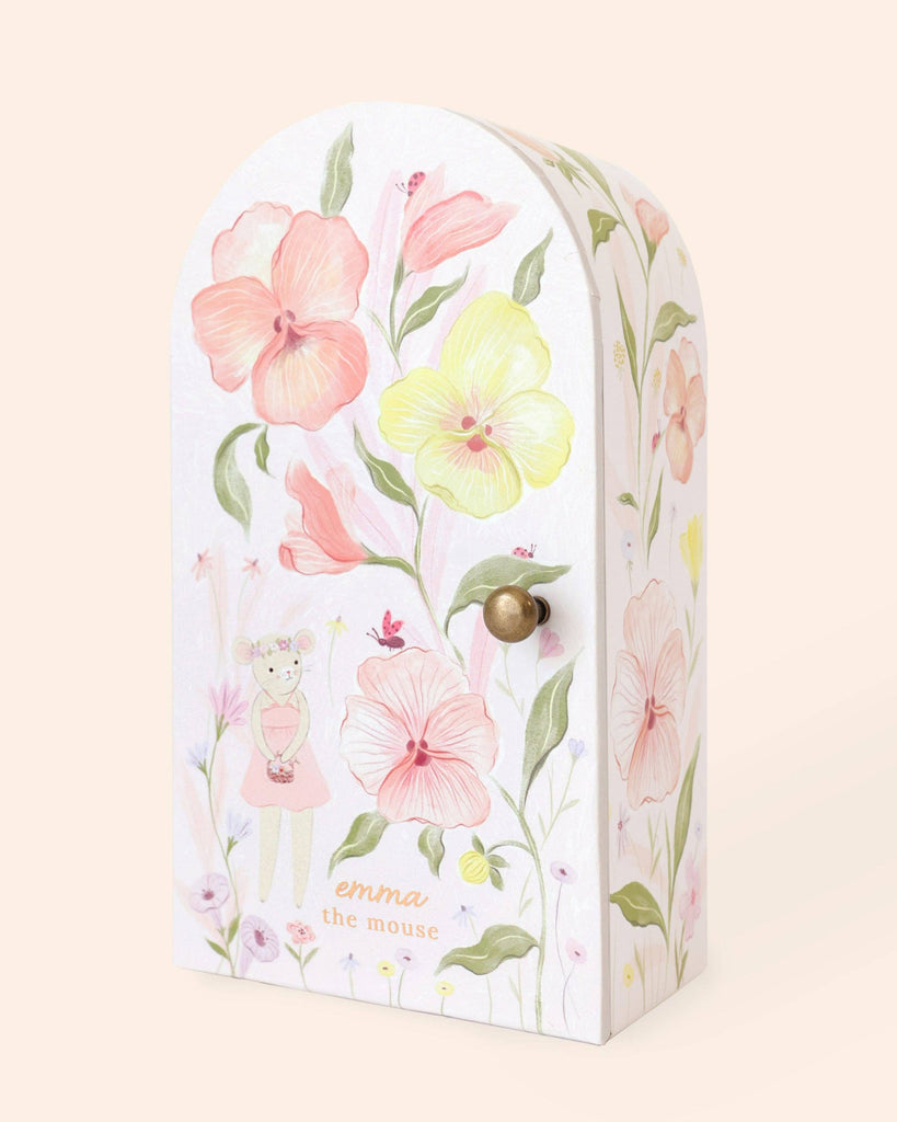 The Cuddle + Kind Tiny Emma the Mouse box is handmade in Peru, with pastel floral art, a drawing of a mouse in a pink dress, "emma the mouse" at the bottom, a rounded top, and a small round front knob.