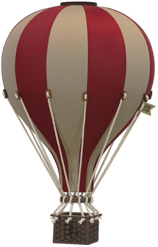 The Hot Air Balloon - Burgundy features alternating vertical burgundy and beige stripes, a small brown basket with white ropes, and a hanging tag—perfect as wooden balloon nursery decor or handmade children's room decor.
