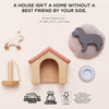 The Dolls House Pet Set features a doghouse, dog and cat figures, pet bowl, scratching post, and soft mat for imaginative play. Includes the message: "A house isn’t a home without a best friend by your side." Eco-friendly certification logos included.