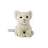 The Lion Cub Sitting Stuffed Animal, hand-sewn with soft fur, big black eyes, and a light brown nose, sits upright against a plain white background. Its realistic features enhance its cute and cuddly appearance.
