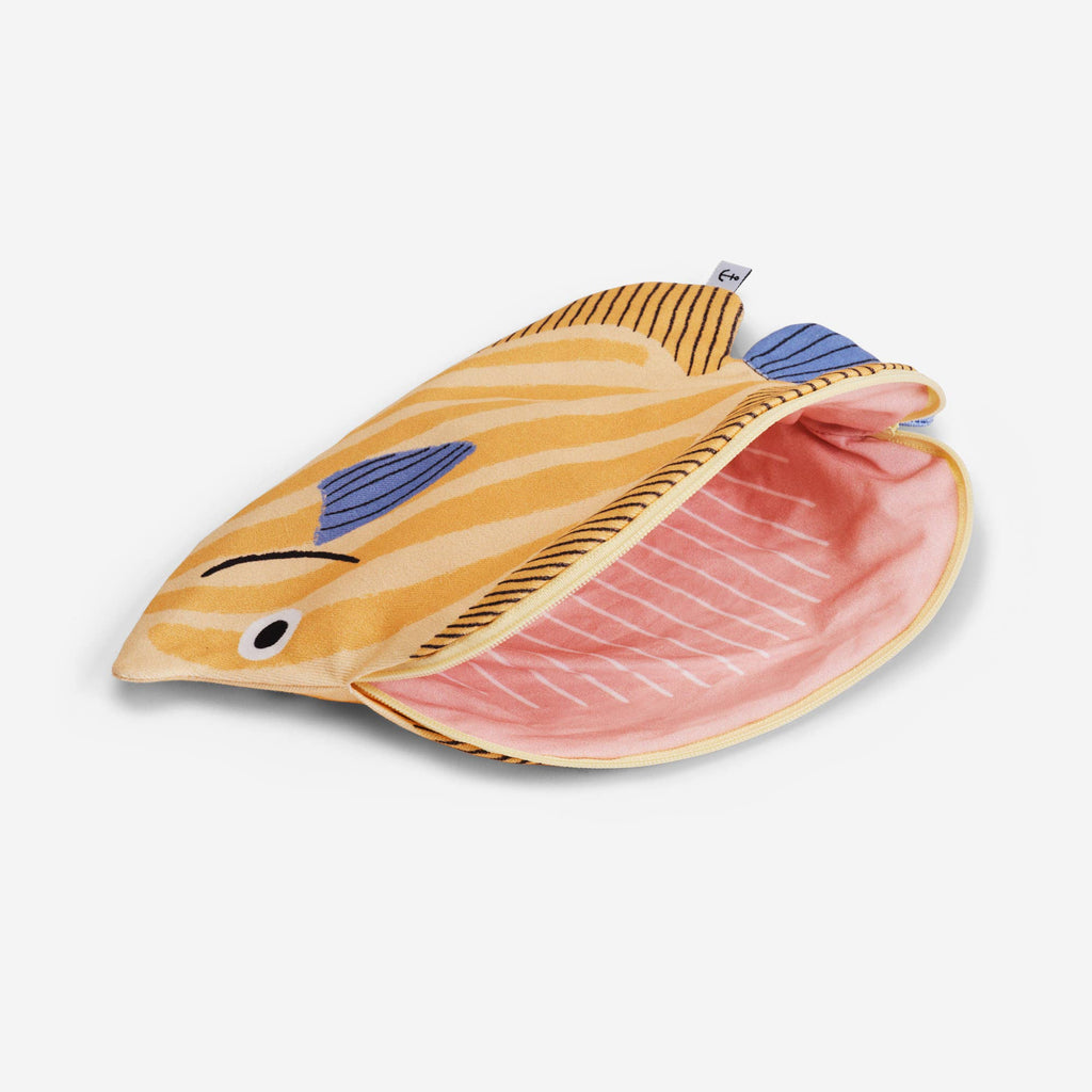 A pencil case shaped like a butterfly fish, featuring yellow and orange stripes, blue fins, and a pink padded interior, inspired by marine life.