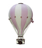 The Hot Air Balloon - Lilac features alternating lilac and white panels, brown trim, ropes, a small woven basket, and a charming flag. This handmade decor is perfect for adding whimsy to any children's room.
