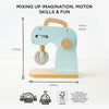 The Bakers Mixer Set & Accessories, crafted from FSC-certified wood, is pastel blue with wooden accents, plastic-free, and eco-friendly. Measuring 197mm x 168mm x 85mm, it's a delightful toy kitchen addition for imaginative play.