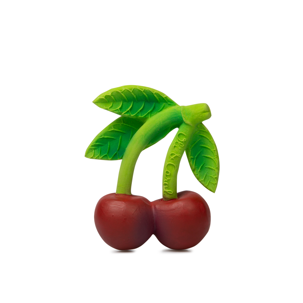 Mery the Cherry Teether is a natural rubber baby toy featuring two red cherries on a green stem with detailed leaves, shown against a plain white background—ideal as a safe teething toy for infants.