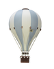A handmade Hot Air Balloon - Beige / Mint / Grey with alternating panels, a "Super" flag, and brown wicker basket—perfect as a unique children’s room decoration, shown on a black background.