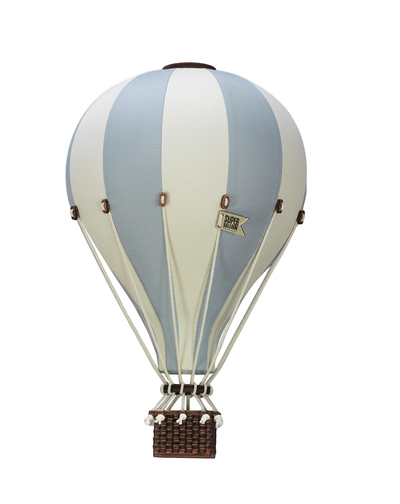 A handmade Hot Air Balloon - Beige / Mint / Grey with alternating panels, a "Super" flag, and brown wicker basket—perfect as a unique children’s room decoration, shown on a black background.