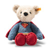The Steiff Superman Teddy Bear, 12 Inches, features a plush bear in a red cape and blue suit with a yellow and red "S" emblem—perfect for fans seeking cuddly superhero adventures.