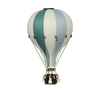 The Hot Air Balloon - Mint Green and Grey features alternating mint green, grey, and white panels with a wooden basket and white ropes—handmade decor perfect for a child's room against a plain white background.