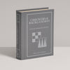 A gray hardcover Board Game: Checkers & Backgammon Vintage Bookshelf Edition stands upright on a white surface, with simple graphics that highlight the timeless appeal of these classic games.