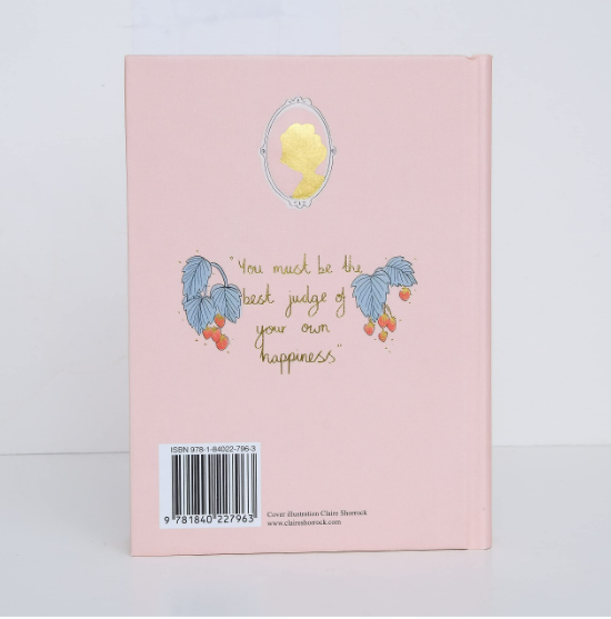 The back cover of the pink hardcover Emma Collector's Edition displays a gold cameo silhouette, the quote "You must be the best judge of your own happiness," decorative berry leaves, and a barcode on the lower left side.