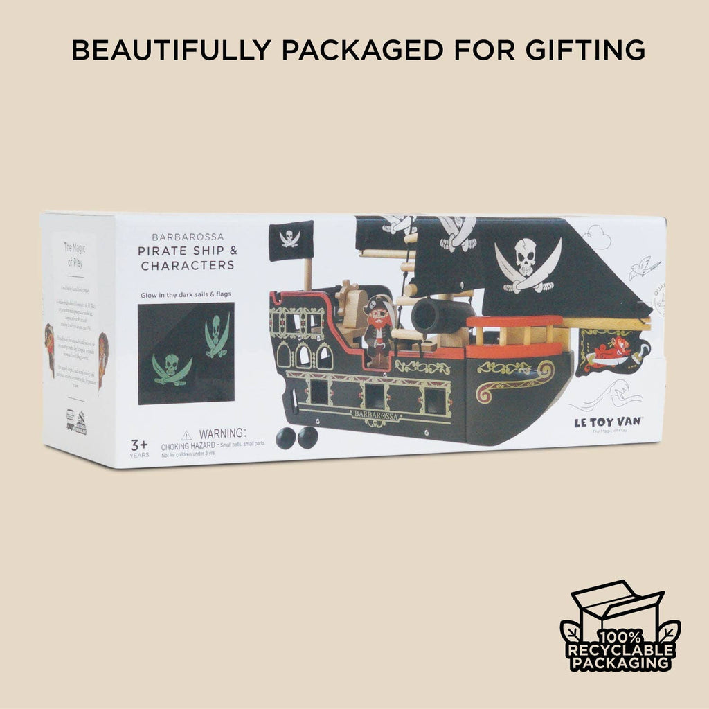 The Barbarossa Pirate Ship & Characters ships in one week, featuring 100% recyclable packaging in a white box with pirate graphics—a beautifully packaged eco-friendly gift.