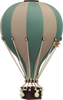 Illustration of the Hot Air Balloon - Pastel Green, featuring alternating pastel green and beige panels, a wicker basket with sandbags, and a small "Sunny Place" flag. This handmade piece is perfect for children's room decor.