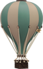 The Hot Air Balloon - Pastel Green features vintage-style pastel green and beige panels, white ropes, and a brown wicker basket. A small “SURF” flag decorates one rope, making it ideal as handmade décor for children's rooms.