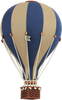 The Hot Air Balloon - Light Brown / Navy Blue features alternating navy and light brown panels, a woven basket, white ropes, and a "Super Ballon" flag—perfect for children's rooms or whimsical wooden balloon decor.
