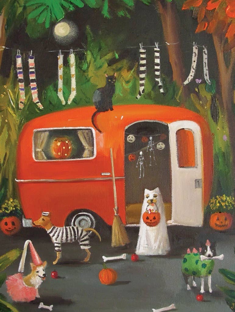 A red camper in the forest is decked out for Halloween, with cats and dogs in costumes and jack-o’-lanterns—perfect for a festive challenge with The Dogs of Halloween - 500 Piece Jigsaw Puzzle!.