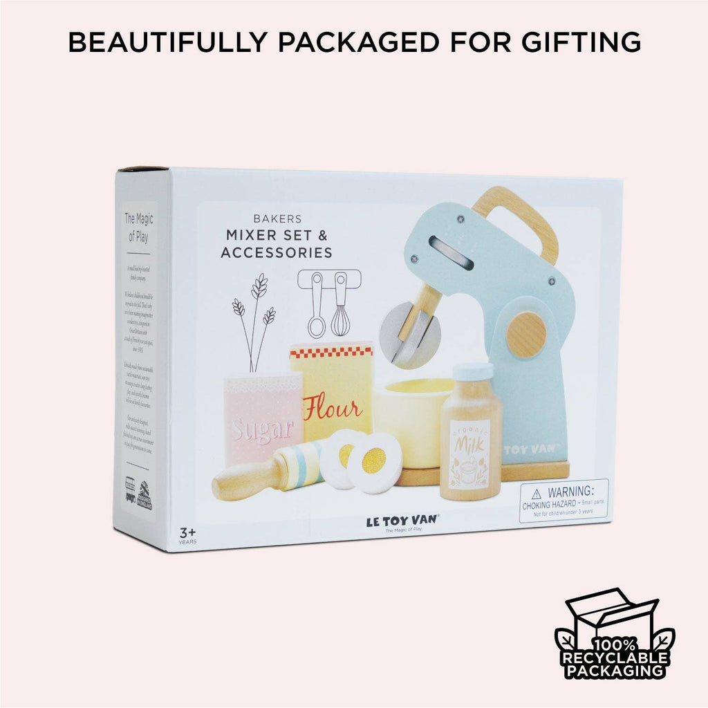 The Bakers Mixer Set & Accessories is a boxed wooden pretend play set for children, ideal for any toy kitchen. Features a mixer and baking items, with "Beautifully packaged for gifting" and "100% recyclable packaging" on the box.