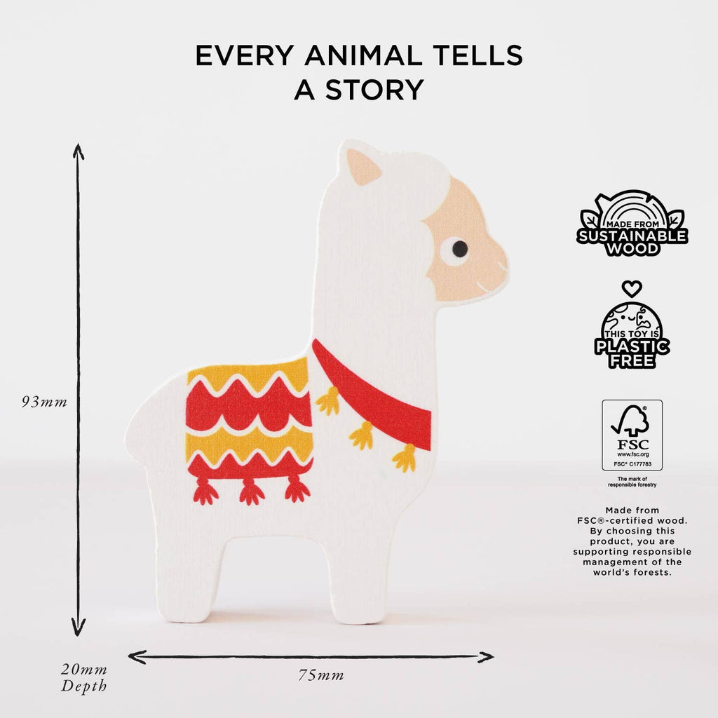 The Andes Stacking Animals & Bag is a wooden mountain animal stacking toy with vibrant red and yellow details, measuring 93mm x 75mm x 20mm. Made from FSC-certified sustainable wood, it's plastic-free and ideal for sensory play.