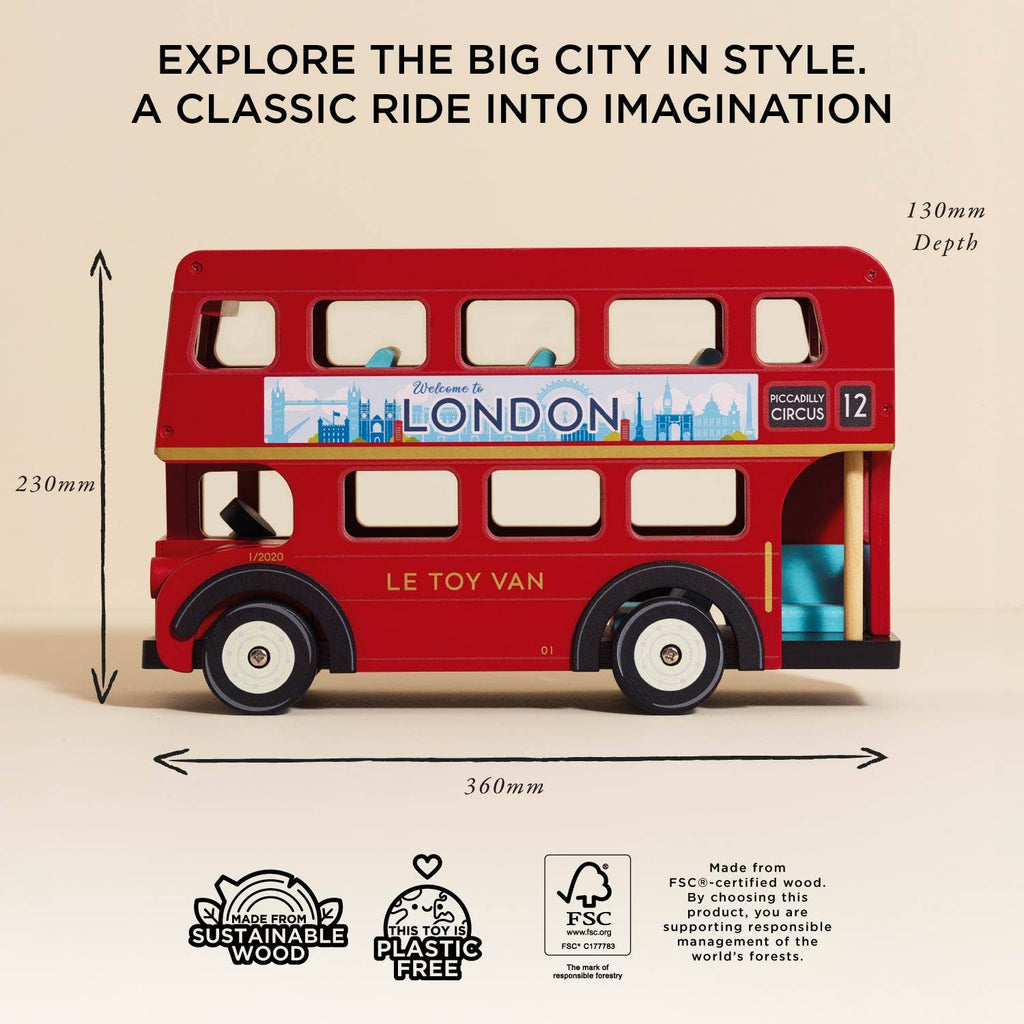 The London Wooden Bus is a plastic-free, sustainable wood toy labeled “Welcome to London” and “LE TOY VAN.” Its size makes it ideal for early learning and imaginative play.