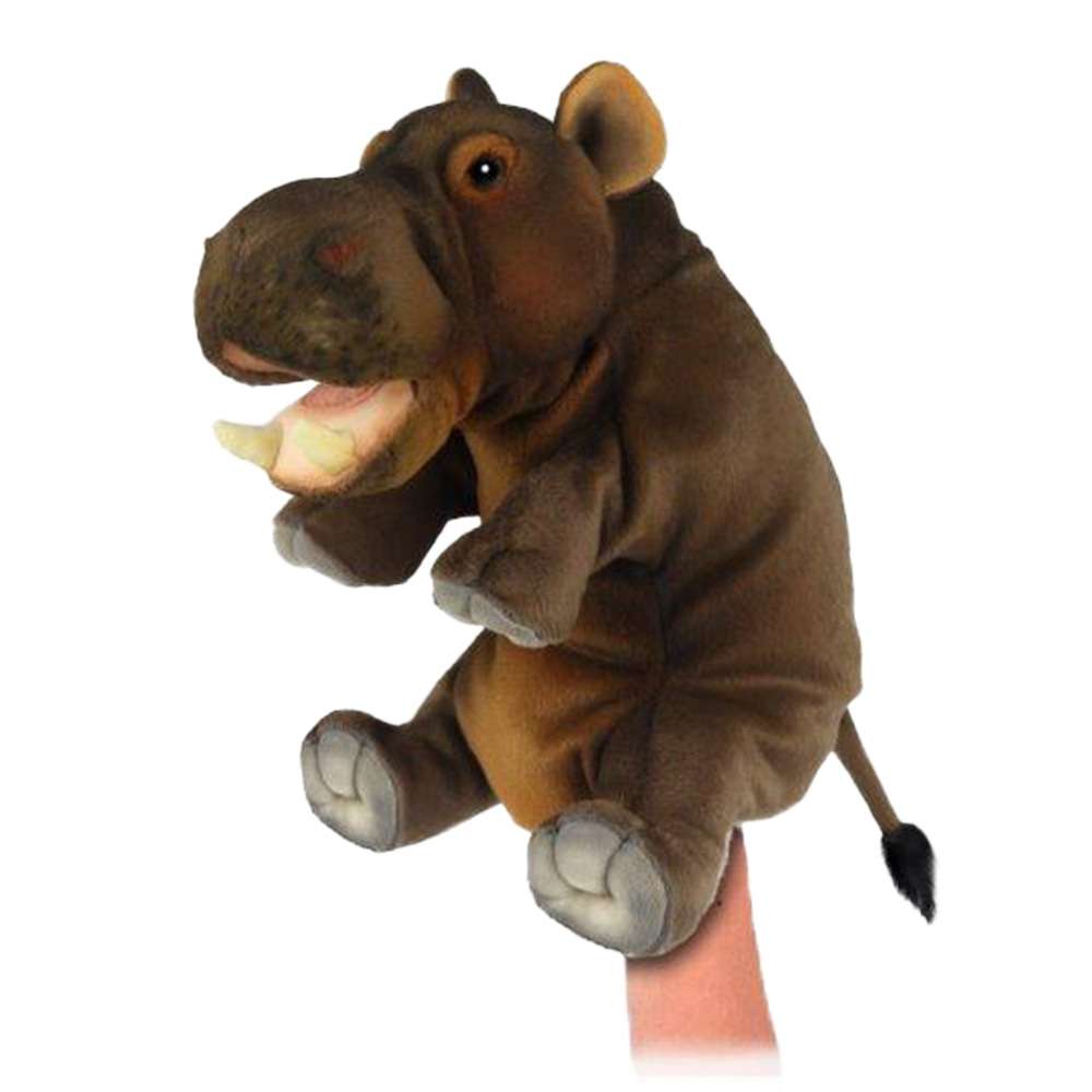 The Hippo Puppet is a brown hand puppet with pink inner ears, white teeth, and a friendly expression. Shown on a person’s hand against a white background, it features realistic details for imaginative play.