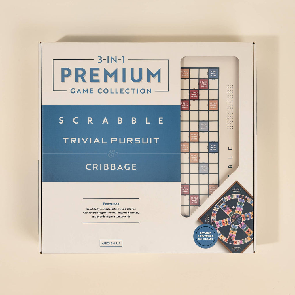 The 3-in-1 Game Collection: Scrabble, Trivial Pursuit & Cribbage features all three classic games in a premium boxed set, with packaging showcasing Scrabble and Trivial Pursuit boards and highlighting each game included.