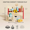 The Tool Box & Wooden Tools set sparks curiosity through play with colorful tools, a glue bottle, and accessories. Eco-friendly, plastic-free design. Size: 155mm H x 215mm W x 135mm D.