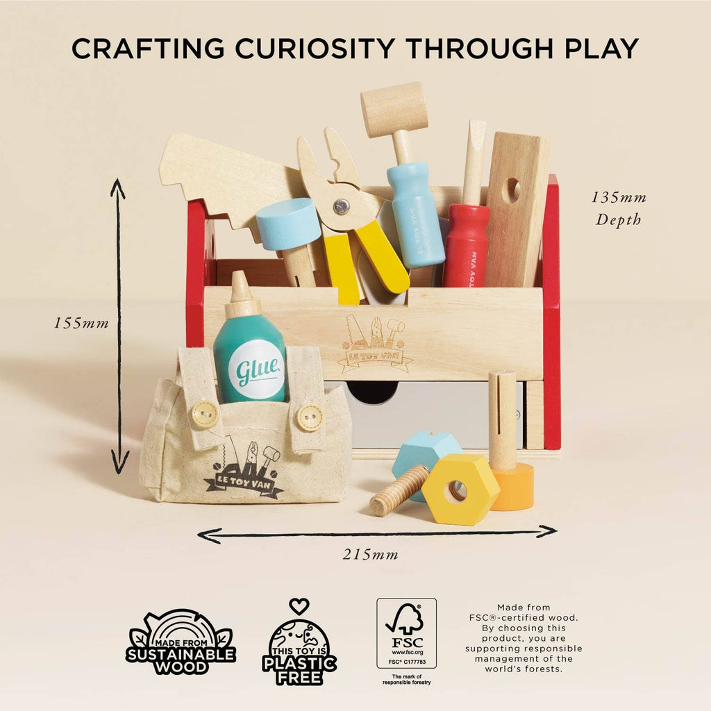 The Tool Box & Wooden Tools set sparks curiosity through play with colorful tools, a glue bottle, and accessories. Eco-friendly, plastic-free design. Size: 155mm H x 215mm W x 135mm D.