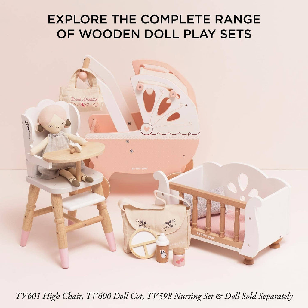 Retro Wooden Doll Stroller displayed with a wooden high chair, doll cot, toy bottle, and bag set, under text reading: “EXPLORE THE COMPLETE RANGE OF WOODEN DOLL PLAY SETS.”