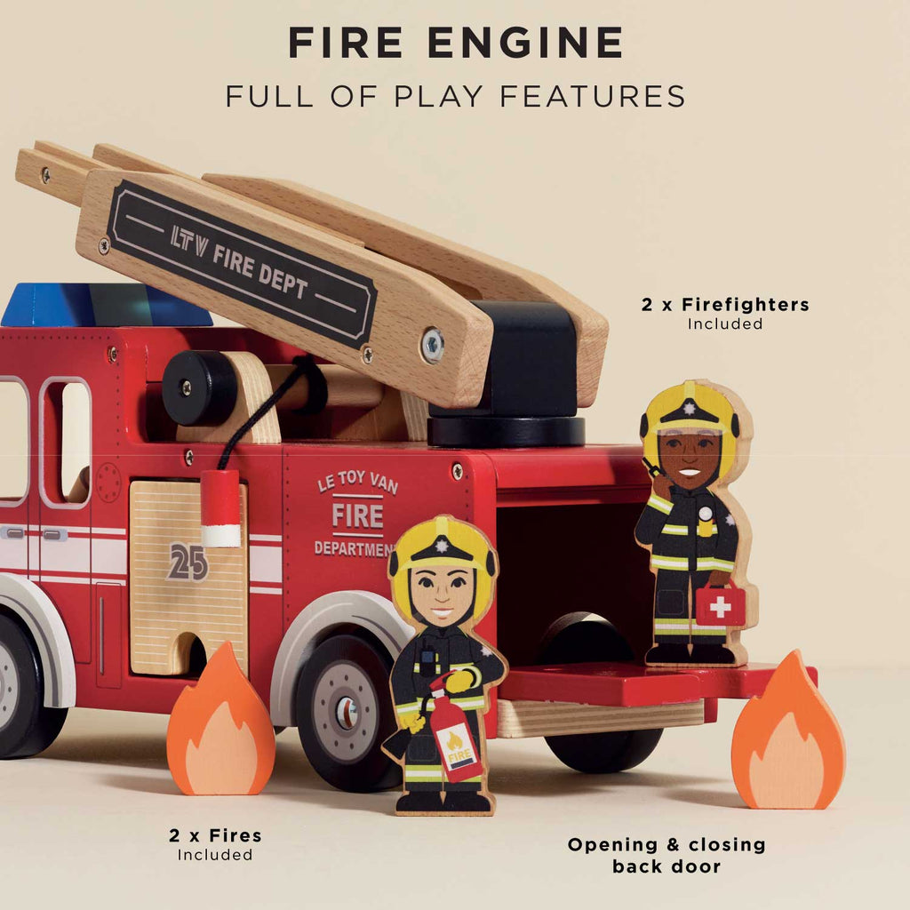 The Wooden Toy Fire Engine & Characters is a sustainable retro red fire engine with an open back door, top ladder, two firefighter figurines, and two flame cutouts, showcasing included features for imaginative play.