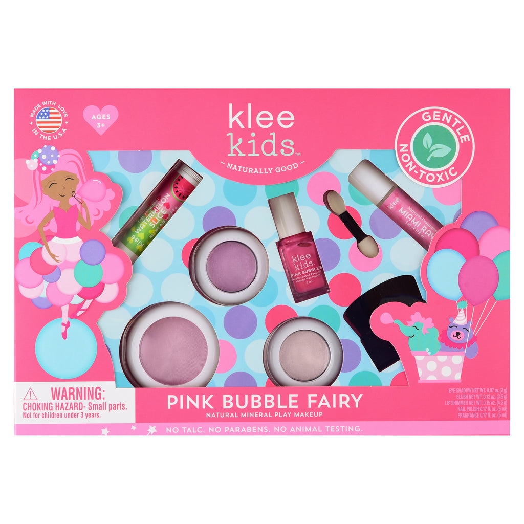 Klee Naturals Deluxe Makeup Kit - Pink Bubble Fairy, a natural play makeup kit with two blushes, nail polish, lip gloss, and a roll-on fragrance, featuring illustrations of a fairy and a llama.