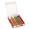 A vibrant red box of Kitpas Crayons containing six colors—red, white, yellow, green, blue, and black—sits open with a white interior. Each lively pastel is branded with the "Kitpas" name and is non-toxic, making it ideal for unleashing creativity through colorful designs or watercolor painting.