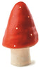 The Small Red Mushroom Lamp features a hand-painted red cap with small round holes and a white stem, making it perfect whimsical decor for a child's room. Displayed against a plain white background.