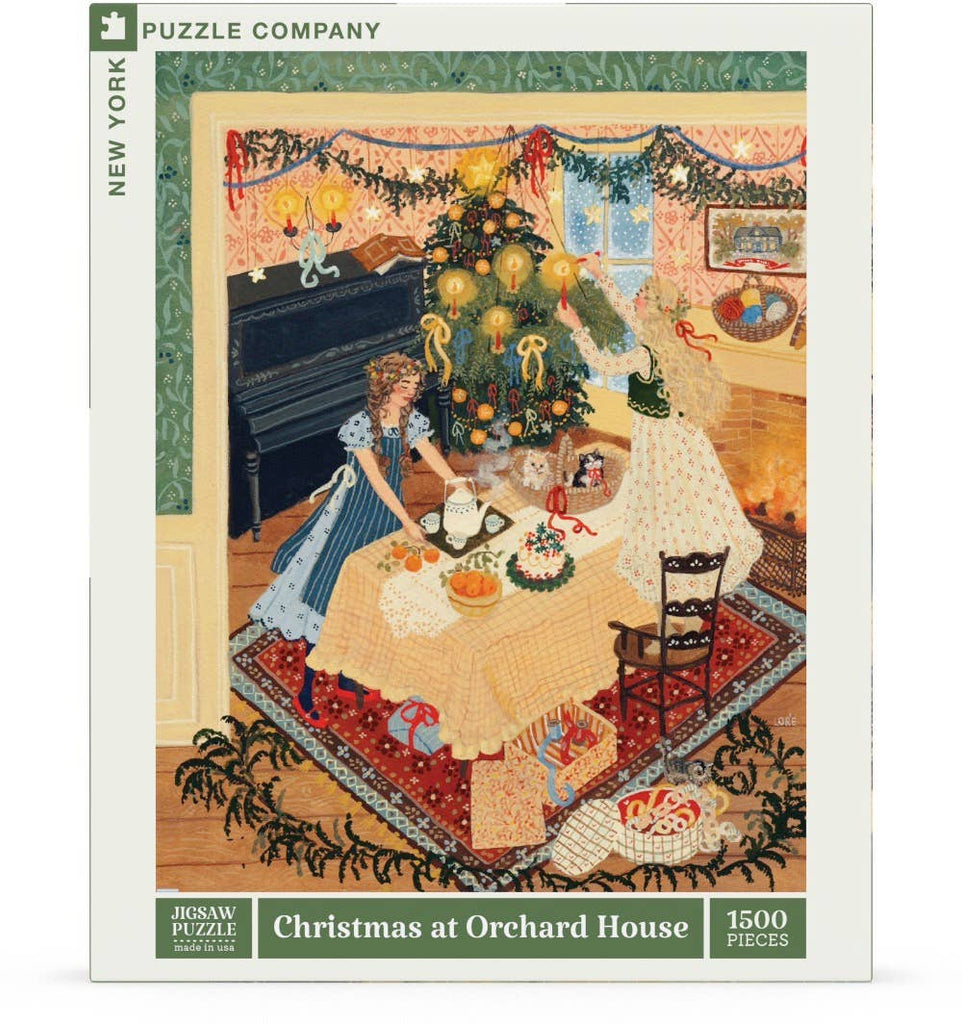 Christmas at Orchard House - 1500 Piece Jigsaw Puzzle box featuring an illustration of two women decorating a tree in a cozy, festive living room.