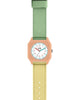 The Mini Kyomo Watch - Watercolor features a peach square case, white dial with green and red numbers, and two fabric straps: one light green, one khaki, connected at the top and bottom.