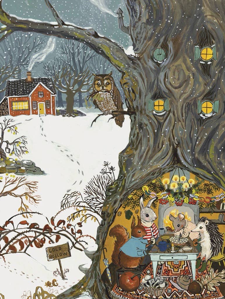 The Cold Hollow - 1000 Piece Jigsaw Puzzle depicts a snowy winter scene with an owl on a tree branch, a small red house, and forest animals having tea inside a cozy hollow in the trunk of a large tree.