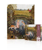 A completed Dog Days Mini - 100 Piece Mini Puzzle and its packaging, featuring a painting of a girl and boy with a dog using a net to explore a lily pad-covered pond in a field.